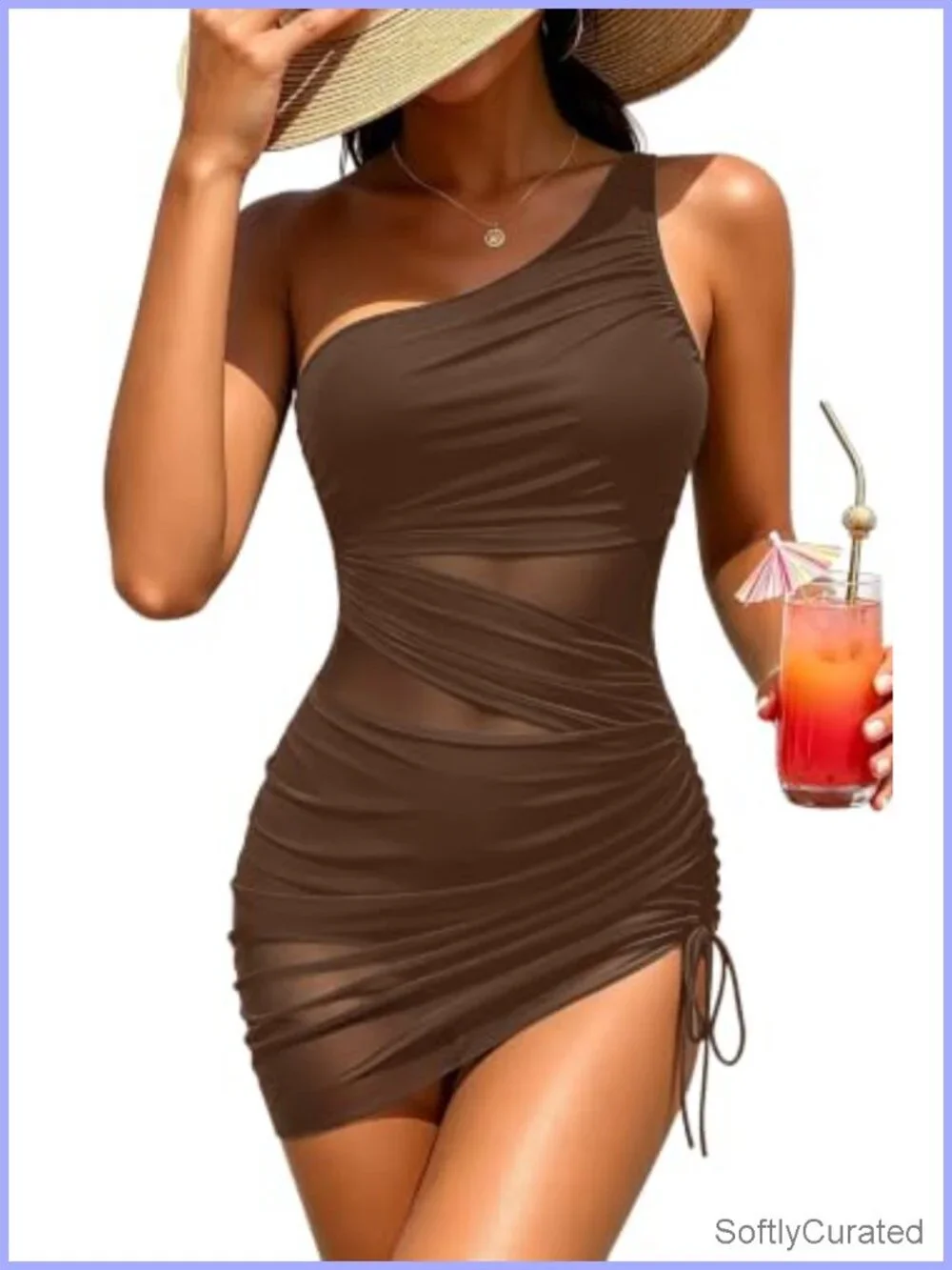 Women One Piece Swim Dress Tummy Control One Shoulder Mesh Cutout Bathing Suit